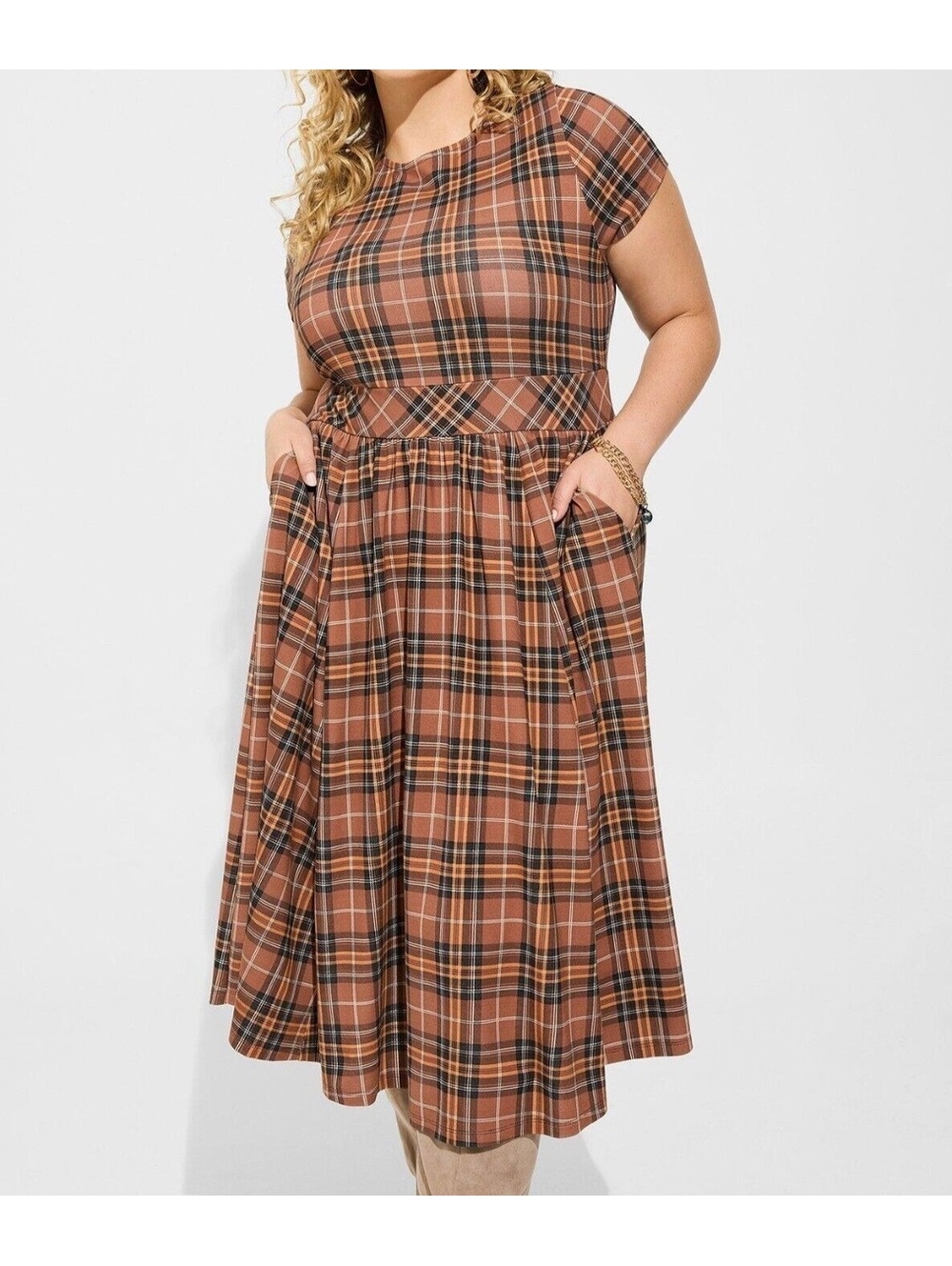 Torrid Brown Plaid Midi Dress with Cap Sleeves Sz 1 - Thanksgiving Fall